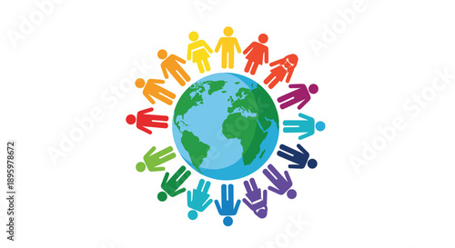 Diverse group of colorful human figures are holding hands in a circle around the planet Earth to symbolize global unity and friendship.