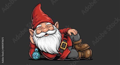 Friendly garden gnome with a long white beard and a red hat lies down comfortably to rest against a dark background for a cozy vibe.