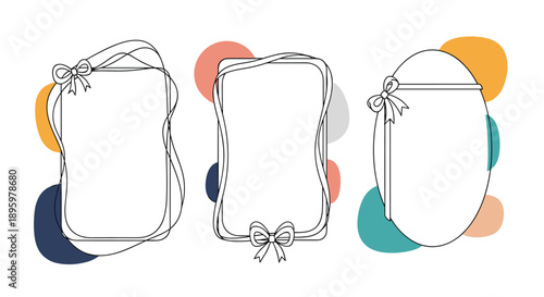Set of three decorative white frames featuring ribbons and bows are accented with colorful background shapes in orange, blue, and teal.