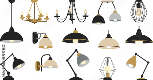 Modern Indoor Lighting Fixtures Set With Ceiling Pendant Table And Wall Lamps Flat Vector Illustration