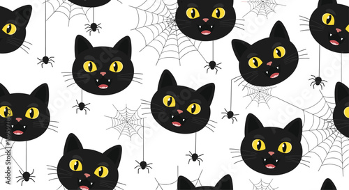 Spooky seamless halloween pattern with grinning black cat heads, spiders dangling on threads, and intricate spider webs.