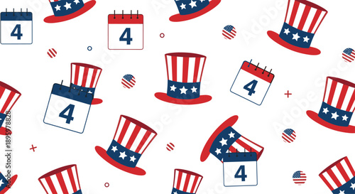 Patriotic seamless pattern for fourth of july featuring uncle sam hats, calendars marked with the number four, and american flags.