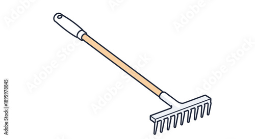 Practical garden rake tool with a sturdy wooden handle and metal head shown from an isometric perspective on a white background.