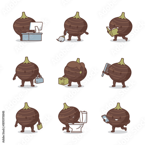 Brown water chestnut or taro character mascot set with office work cleaning reading carrying boxes and daily hygiene activities for food themes