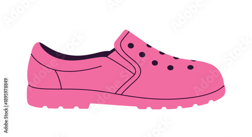 Comfortable pink rubber clog shoe with ventilation holes and a thick sole perfect for gardening or casual wear.