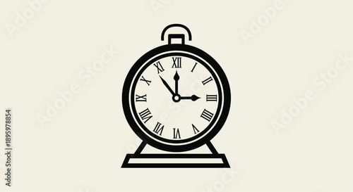 Elegant black and white illustration of a classic tabletop alarm clock with roman numerals showing the time as approximately ten past ten.