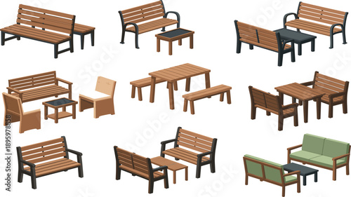 Outdoor Wooden Bench And Table Furniture Set For Park Garden Patio Seating Flat Vector Illustration