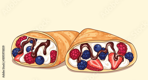 Delicious sweet crepes filled with whipped cream, fresh strawberries, blueberries, and blackberries, drizzled with rich chocolate syrup.