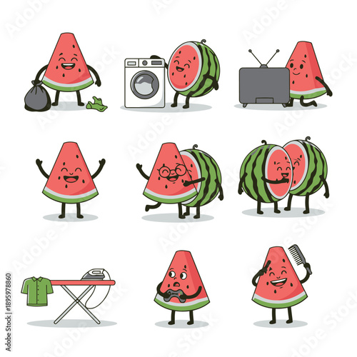 Fun watermelon fruit character mascot set featuring diverse poses like laundry watching TV playing games combing hair and cleaning for summer lifestyle