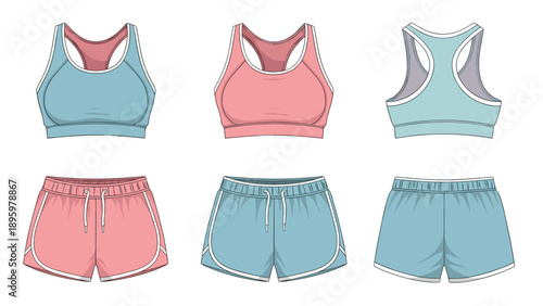 Collection shows various colors and styles of women's sports bras and athletic shorts for fitness, gym, and workout activities.