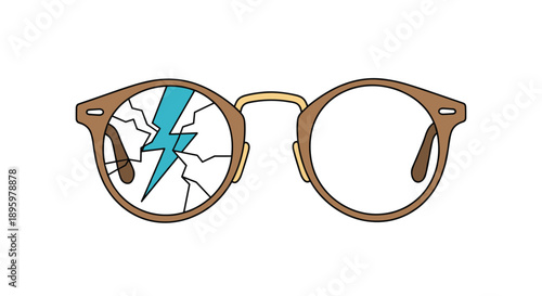 Conceptual illustration of broken brown spectacles with cracked glass and a bright blue lightning bolt symbol in one lens.