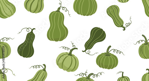 Autumnal seamless pattern featuring an assortment of green pumpkins and squashes with curly stems on a crisp white background.