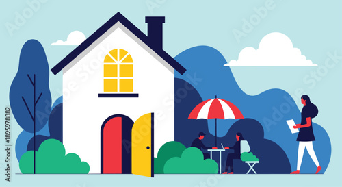 Flat design illustration of people working remotely in a garden setting next to a white house with blue mountain scenery.