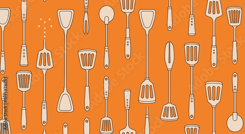 Retro style seamless pattern featuring various types of kitchen spatulas and turners on a warm orange background.