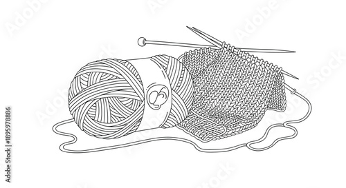 Detailed black and white line art illustration of a ball of yarn, knitting needles, and a partially finished knitted garment.