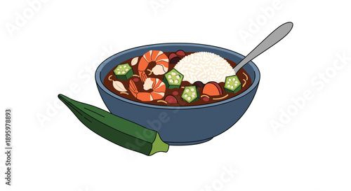 Hearty bowl of cajun gumbo featuring shrimp, okra, and red beans served with a scoop of white rice isolated on a white background.