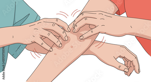 Medical illustration showing multiple hands scratching an itchy skin rash or allergic reaction on a person's forearm.