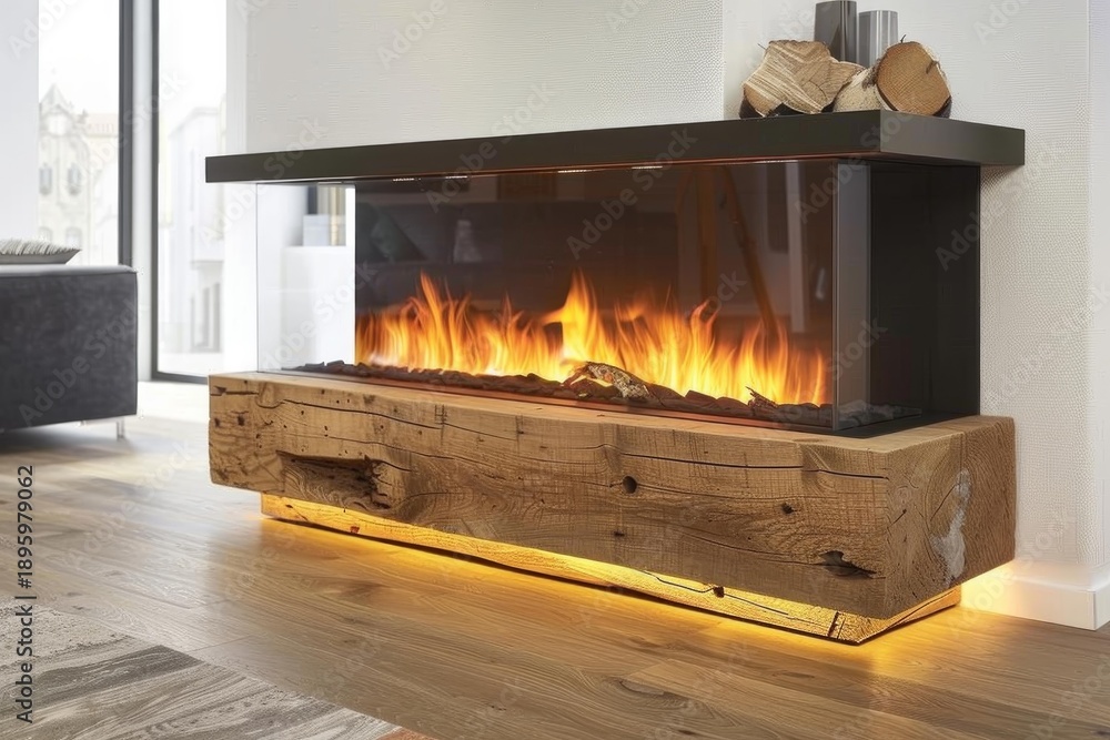 Fototapeta premium Electric fireplace providing warmth and comfort in a modern living room with wooden floor and design furniture
