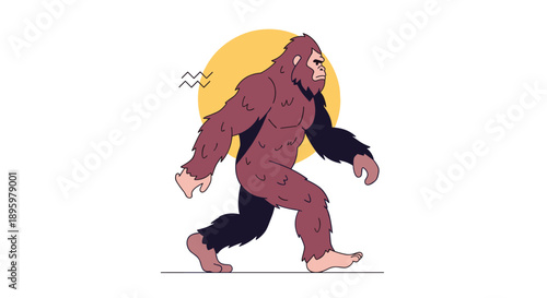 Legendary bigfoot or sasquatch character caught mid-stride walking against a yellow circular background in a minimalist flat style.