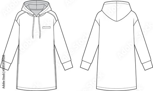 Long hooded sweatshirt dress front back view vector illustration flat design casual apparel fashion template technical outline drawing mockup clothing