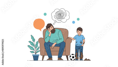 Tired father rests in a chair with his eyes closed while his young son stands next to him with mud stains on his face and clothes.
