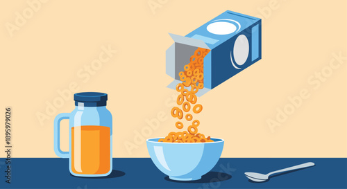 Morning breakfast scene featuring crunchy ring cereal pouring from a blue box into a bowl beside a glass jar of orange juice.