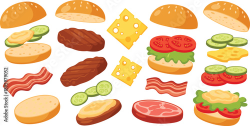 Burger Ingredients Set With Bun Meat Cheese Bacon And Fresh Vegetables Food Vector Illustration