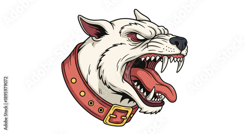 Fierce white dog with bared teeth and an aggressive expression wearing a red collar with gold studs against a white background.