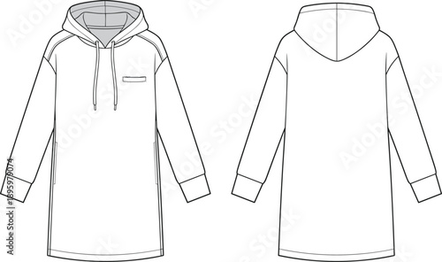 Long hooded sweatshirt dress front back view vector illustration flat design casual apparel fashion template technical outline clothing mockup sketch