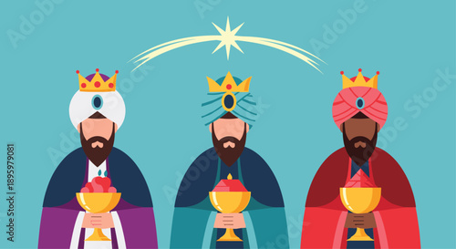 Three wise men dressed in colorful robes and turbans holding golden chalices with gifts under a bright shining star.
