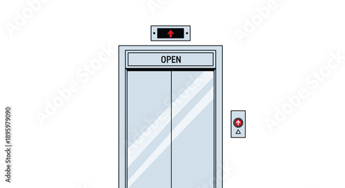 Modern elevator doors in a closed position with a red up arrow indicator and a sign reading open at the top.