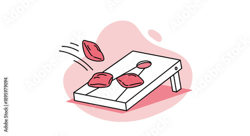 Popular backyard cornhole game being played with red bean bags flying towards and landing on a white wooden board.