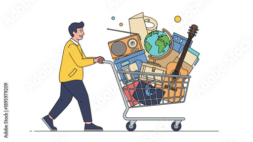 Cheerful man pushes a shopping cart overflowing with miscellaneous items like a guitar, radio, globe, and boxes for a move or purchase.
