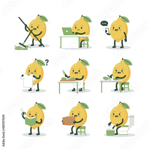 Bright yellow lemon character mascot set with household chores and work actions including mopping cooking typing and sorting laundry for cleaning themes