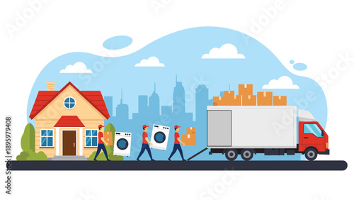 Professional movers carry heavy appliances and boxes from a suburban house into a large moving truck for a home relocation project.