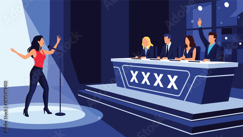 Talented woman performs a song on stage during a television talent show competition in front of a panel of four professional judges.