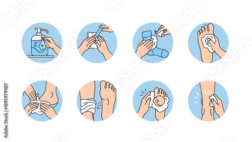 Series of circular icons demonstrates proper foot care steps including cleaning, applying medication, and bandaging an injury or wound.