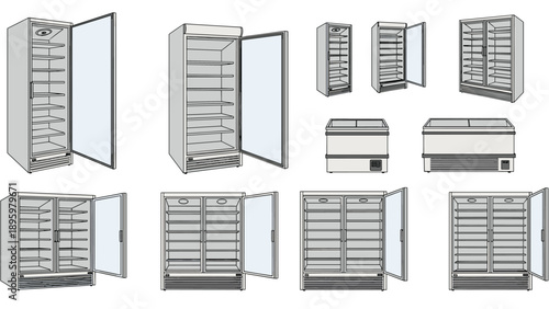 Collection of commercial refrigeration equipment features various types of glass door refrigerators and horizontal chest freezers for shops.