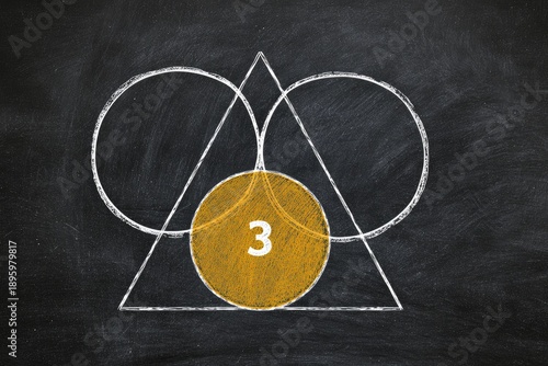 Chalk drawing on a blackboard; geometric shapes including circles, a triangle, and intersecting lines. A highlighted central circle shows a number