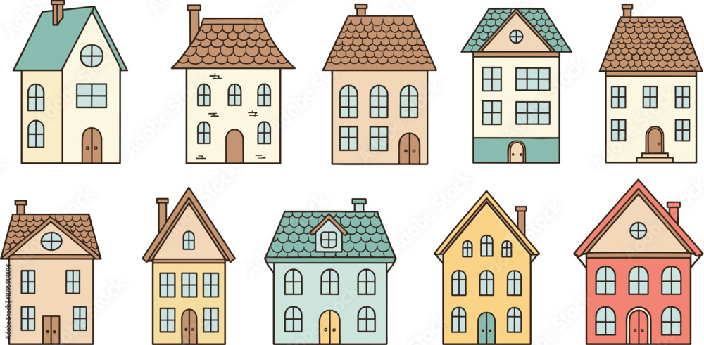 Fototapeta premium Cute House Building Icons Set With Colorful Residential Homes And Architecture Flat Vector Illustration