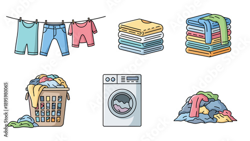 Domestic laundry chore elements featuring a washing machine alongside piles of clean clothes and items hanging on a line.