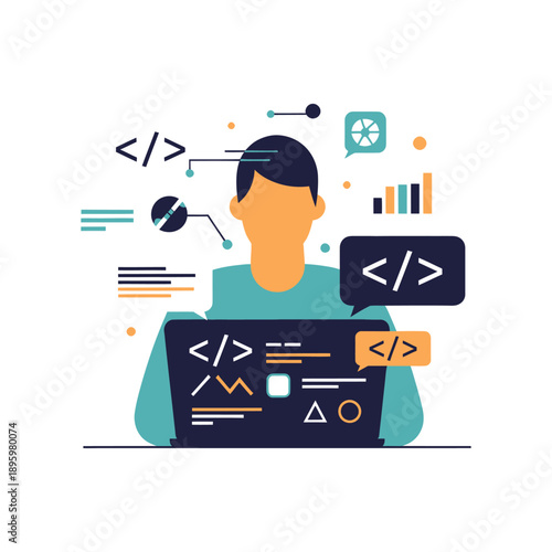 “Software developer illustration, person with laptop and abstract code symbols, flat modern design, clean shapes, minimal details, solid colors, vector-friendly, no text, simple background”