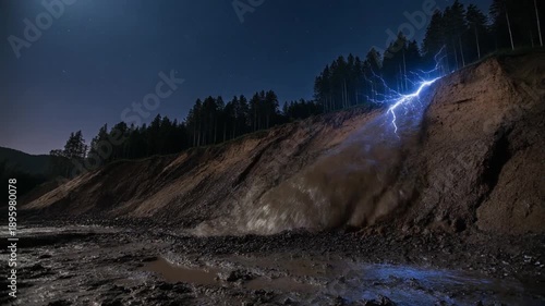 Lightning strikes a cliff at night.