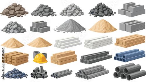 Vast collection of construction materials including piles of sand and gravel with wooden planks and steel structural beams.