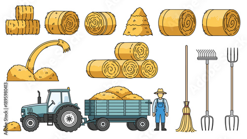 Agricultural harvest collection featuring a farmer standing by a tractor and trailer loaded with hay bales and farm tools.