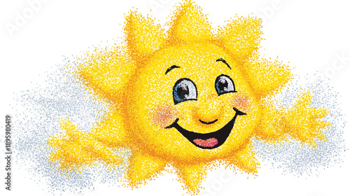 Cartoon sun with a smiling face and radiating beams, rendered in yellow, with hints of grey