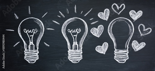 Chalkboard illustration depicting three light bulbs. The first two are lit, radiating light. The third one has hearts radiating from it