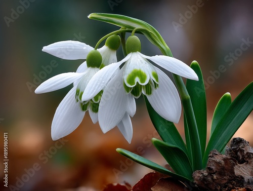Close-up of Snowdrop Flowers Blooming in Early Spring.