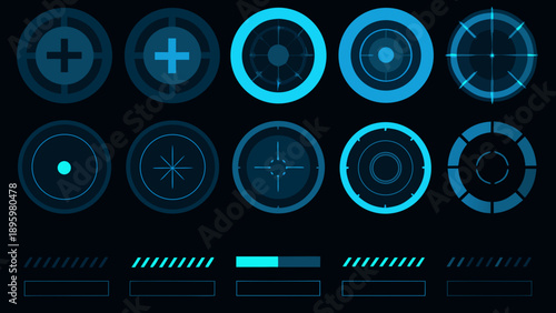 Collection of futuristic targeting reticles and digital interface elements