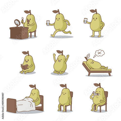Green pear character mascot set showing daily routines such as skin care running reading sleeping and drinking for kids and lifestyle design themes